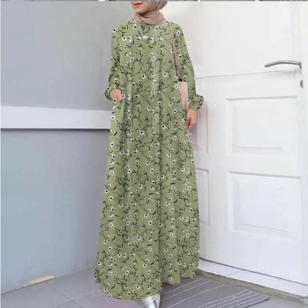 Elegant muslimsk lång blomklänning för kvinnor green 3XL