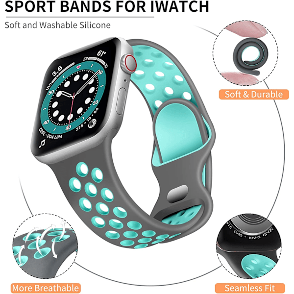 Sportband Kompatibla med Apple Watch Band 45mm 44mm 49mm Gray/Teal 42mm/44mm/45mm/49mm S/M