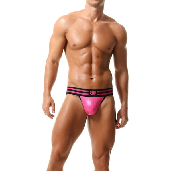 2025 Senaste Modell Perforerad PU Läder Pro Jockstrap Tanga G-string Rosa X-Large