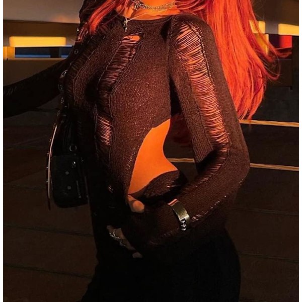 2025 Senaste Modell Rygglös Långärmad Utskuren Mini Bodycon Klänning Slim Fit Stickad Kort Klänning Genomskinlig Randig Sexig Fest D