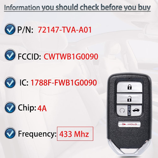 Smart Nyckel Fob Nyckellös Entré Passar Honda Accord 2018-2022 (FCC ID:CWTWB1G0090 P/N:72147-TVA-A01) Fjärrkontroll Nyckel Ersättning