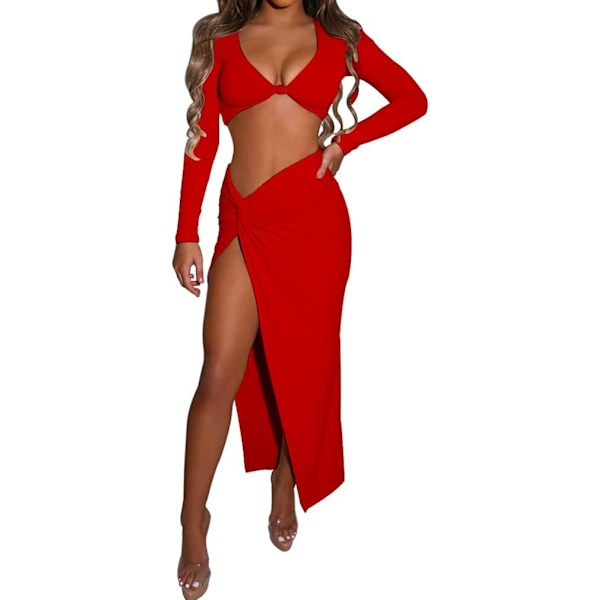 2025 Senaste Modell Dam Sexig Bodycon 2-Dels Klänning Outfit Långärmad V-ringad Crop Top Twist Hög Slits Långa Klänningar Kjolen Set