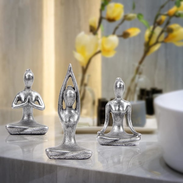 Yoga Meditation Dekoration - Set med 3 Antik Silverfärgade Yoga Posestatuetter för Andligt Rum