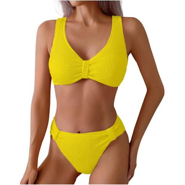 Högmidjade Bikini Set för Kvinnor Ribbad Rynkad Magekontroll Baddräkter Tvådelad Baddräkt Strandbadkläder 2025 Gul Stor