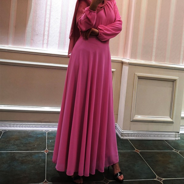 Muslimska kvinnors sommar chiffong långärmad klänning i ren färg rose M