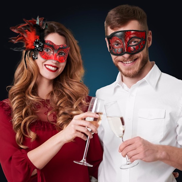 2025 Senaste Modell 2024 Ny Maskeradmask med Fjäder för Par - Maskeradmask för Kvinnor med Fjäder & Venetiansk Kostym för Män