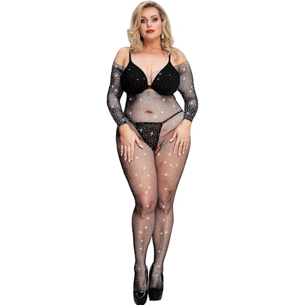 2025 Senaste Modell Dam Strass Fisknätsstrumpa Mesh Glittrig Långärmad Hel Jumpsuit Plus Size Sexiga Underkläder Mjuk Svart