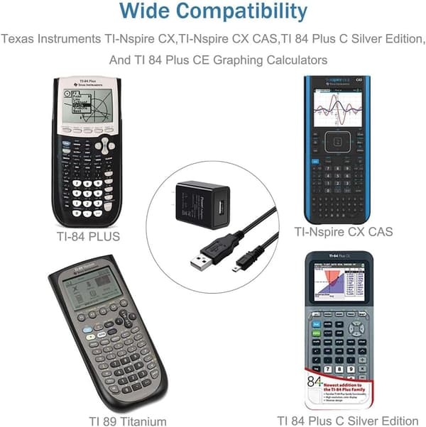 2025 nyeste modell 5V lader for Texas Instruments grafisk kalkulator, TI 84 Plus/TI 84 Plus C Silver Edition, TI 89 Titanium, T