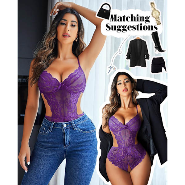 2025 Senaste Modell Damunderkläder Spets Body Teddy Underkläder V-ringning Utskuren Mini Babydoll Lila XX-Large