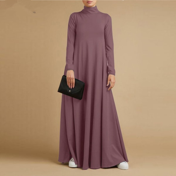 Elegant muslimsk enfärgad höghalsad långärmad klänning light purple 2XL
