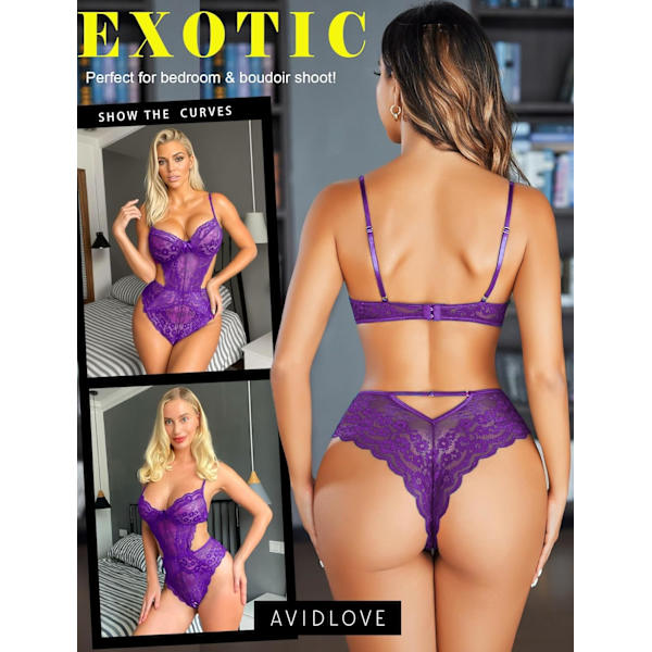 2025 Senaste Modell Damunderkläder Spets Body Teddy Underkläder V-ringning Utskuren Mini Babydoll Lila XX-Large
