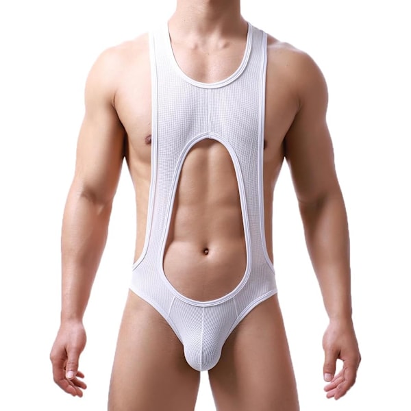 2025 Senaste Modell Herr Body Stringtrosa G-string Trikå Mesh Brottningstrikå Jumpsuit Underkläder Baslager Vit Large