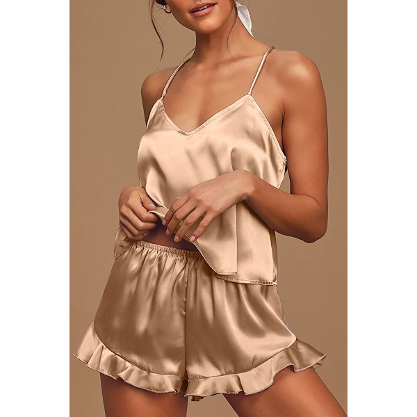 2025 Senaste Modell Dam Sexiga Siden Satin Volang Pyjamas Set Cami Shorts Set Sovkläder