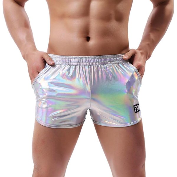 2025 Senaste Modell Herr Holografiska Glänsande Metalliska Badshorts Korta Tights Hotpants Bikini Baddräkt Scenkläder Silver Me