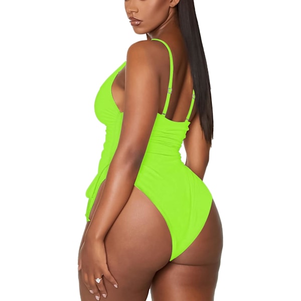 Baddräkt för damer, rynkad, hög skärning, magkontroll, monokini, neongrön, Large