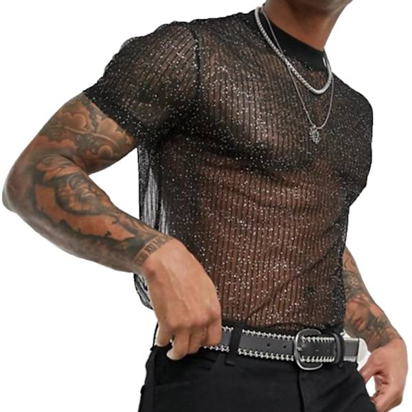 2025 Senaste Modell Herr Sexig Glitter Skjorta Topp Genomskinlig Spets Kortärmad T-shirt Ren Mesh Undertröjor för att Visa Muskler Svart Lar