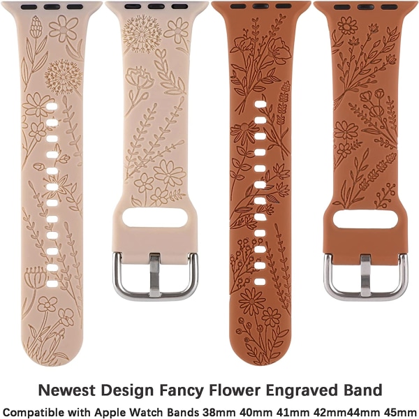 Blomstergraverat silikonband som är kompatibelt med Apple Watch Walnut Brown Brown 38/40/41mm