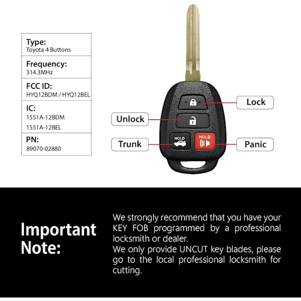Bilnyckel Fjärrkontroll Nyckellös Ingång HYQ12BDM 314.4MHz 4 Knappars Ersättning för 2014 - 2019 Toyota Camry Corolla Svart Svart