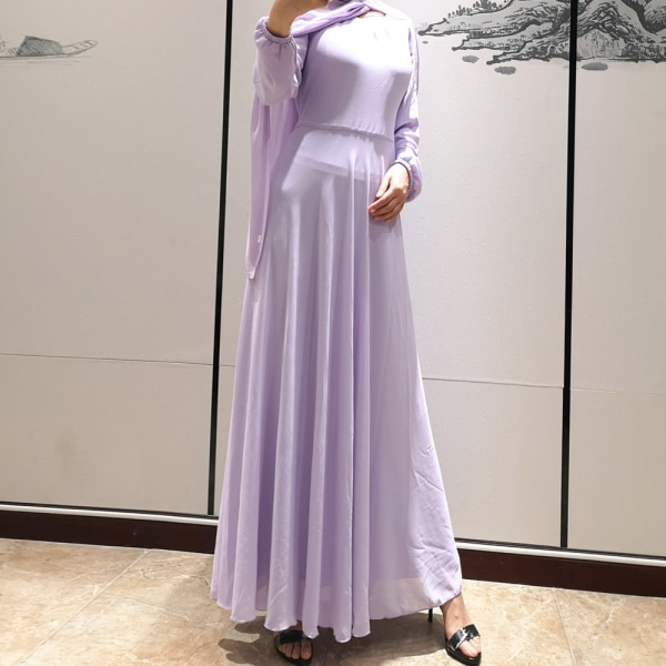 Muslimska kvinnors sommar chiffong långärmad klänning i ren färg Lavender Purple L