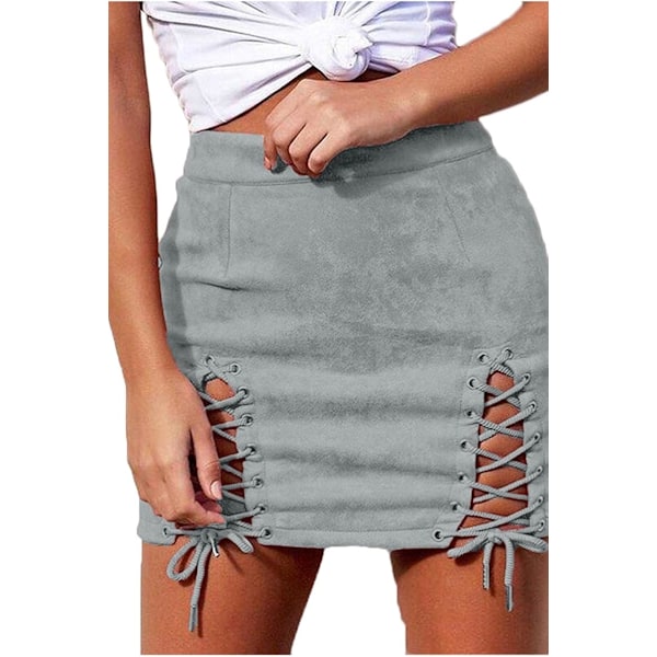 2025 Senaste Modell Dam Sexig Hög Midja Snörning Bodycon Faux Suede Delad Tight Mini Kjol