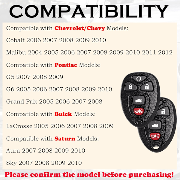 2025 Senaste Modell Fjärrnyckel Ersättning Passar Chevy Malibu 2004 2005 2006 2007 2008 2009 2010 2012 Cobalt Pontiac G5 G6 Grand