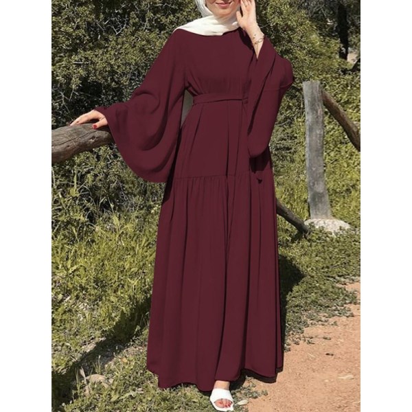 Muslimsk casual : ren färg med hornärmar och bälte wine red 5XL