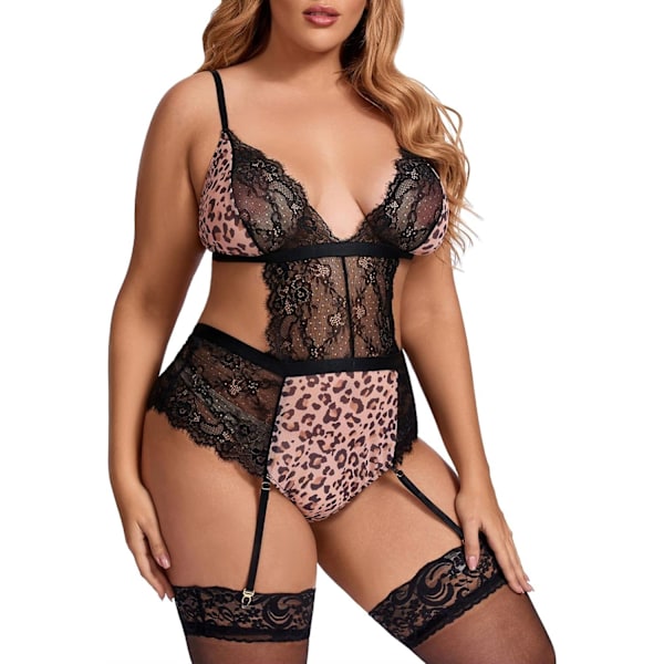 2025 Senaste Modell Stora Storlekar Underkläder för Kvinnor Sexiga Underkläder Leopard Mesh Hel Teddy Svart Body med Strumpeband