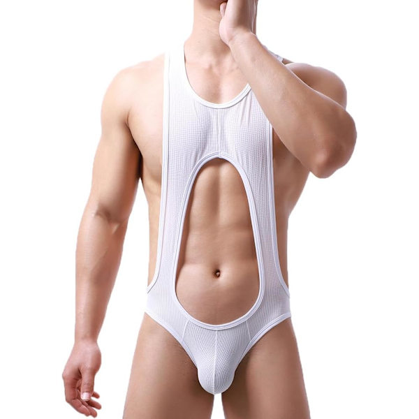 2025 Senaste Modell Herr Body Stringtrosa G-string Trikå Mesh Brottningstrikå Jumpsuit Underkläder Baslager Vit Large