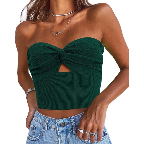 Kvinnors Cut Out Twist Knot Front Tube Tops Bandeau Ribbed Darkgreen S