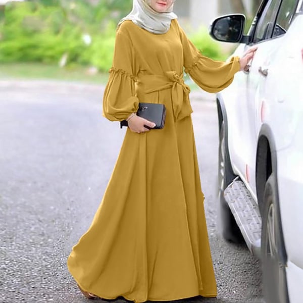 Muslimsk långärmad klänning, Lotusbladkant, ren färg yellow 2XL