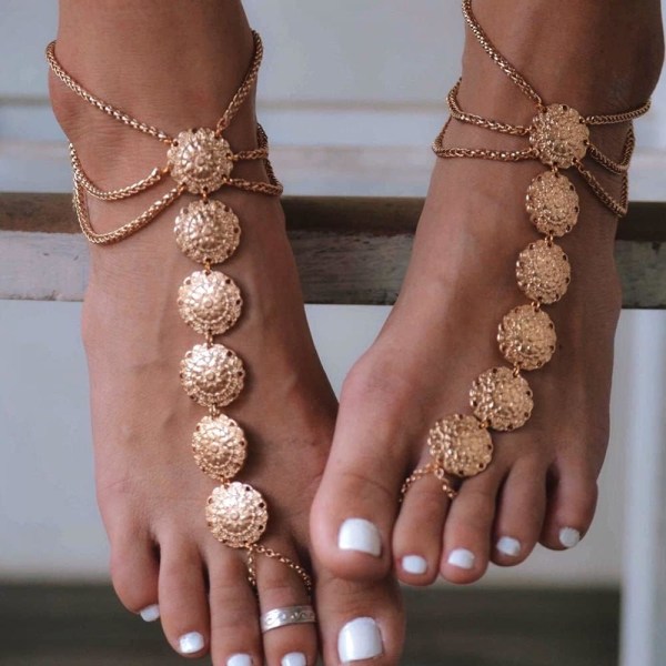 Bohemian Coin Anklet with Toe Ring 2st Summer Beach Gold 8.5 inch