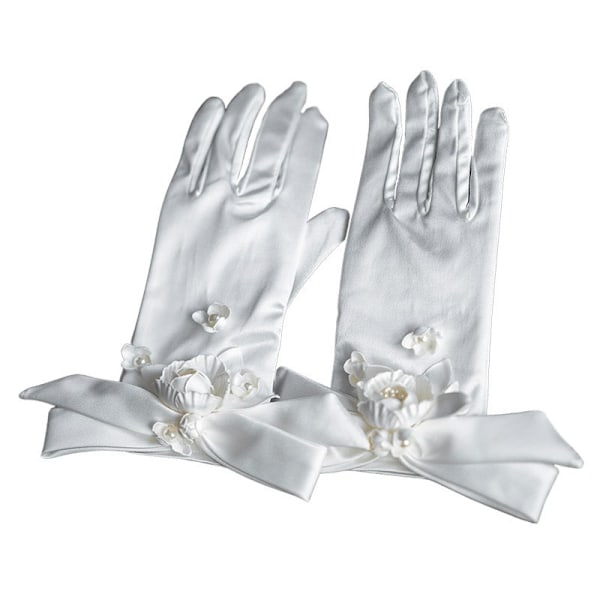 Brudkorta Blomsterhandskar Satin Fem Finger Bröllopshandskar white