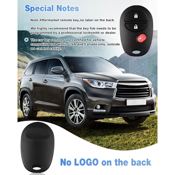 Nyckelbricka Nyckellös Fjärrkontroll Ersättning för Toyota Tacoma Tundra Sienna Sequoia Highlander - 3 Knappar Bilnyckelbricka FCC: GQ43VT20T