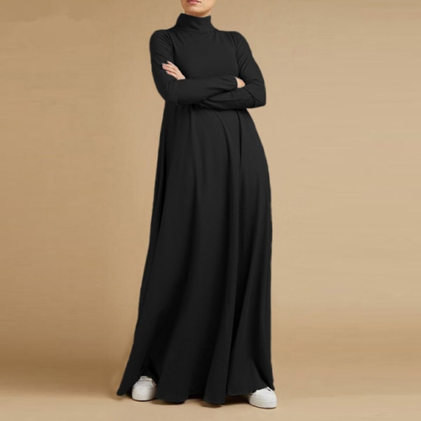 Elegant muslimsk enfärgad höghalsad långärmad klänning black S