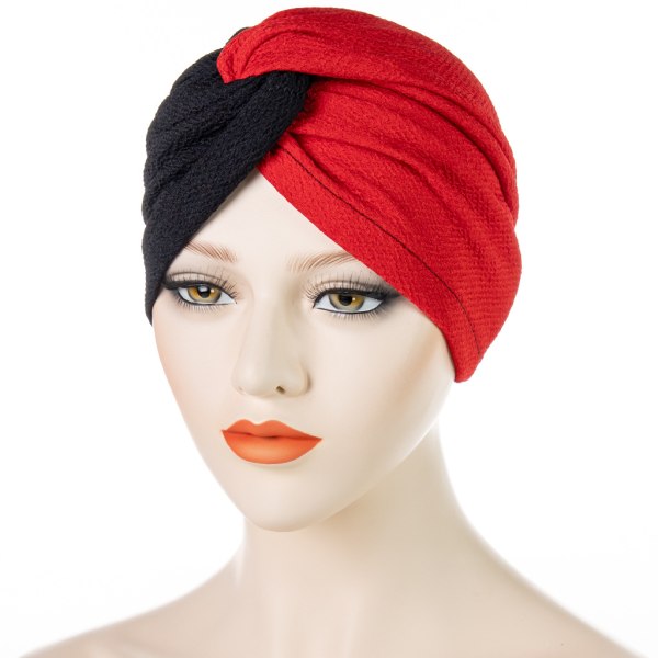 Tvåfärgad Patchwork Front Cross Over Hood Muslim Headscarf Red+Black
