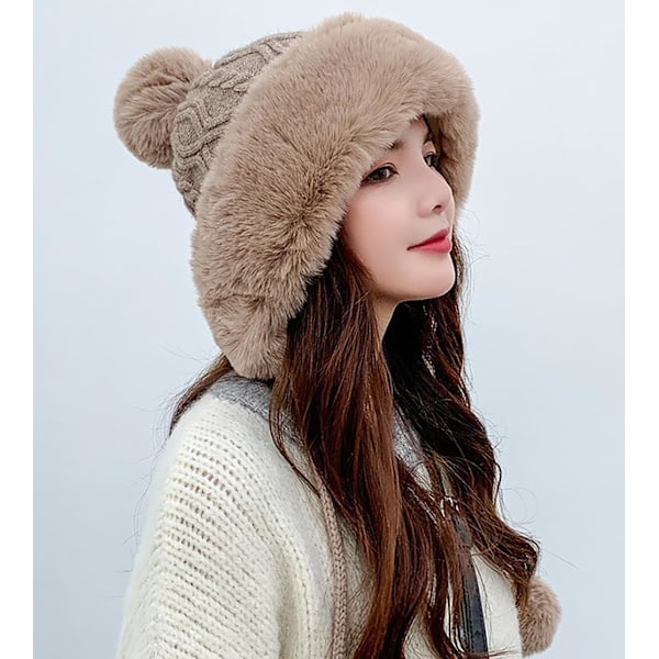 Vinter PomPom Mössor för Kvinnor Fluffig Stickad Dam Mössa Fuskpäls Virkad Skull Cap Varm Bucket