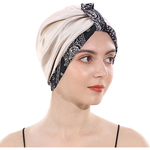 Bomulls turban med satinfoder, dubbellagers mössa för kemoterapi Black002