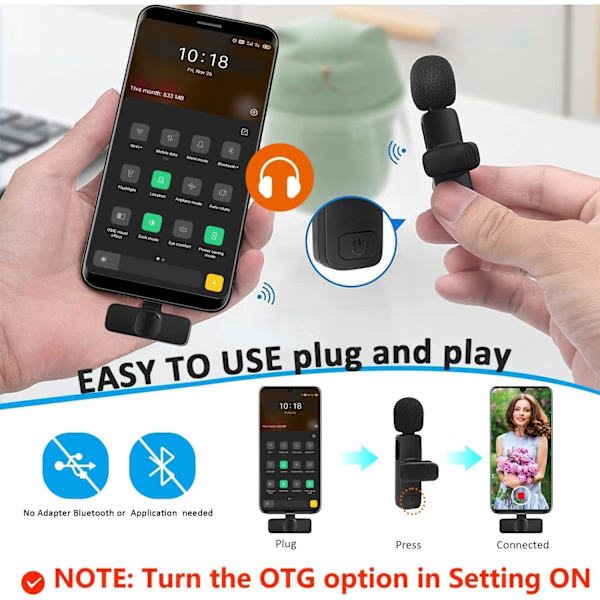 Trådlös Lavalier Slagmikrofon för iPhone Android Telefon Laptop - Bluetooth Mini Mikrofon med USB C Gränssnitt för YouTube Tiktok Videoinspelning