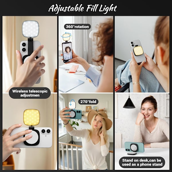 2025 Senaste Modell Magnetisk Selfie-lampa för Telefon: 5 LED-lägen med Spegel Kompatibel för iPhone & Android - Uppladdningsbar Portabel Fyllning