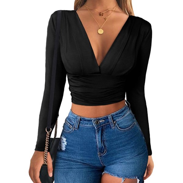 2025 Senaste Modell Dam Djup V-ringning Långärmad Rynkad Unik Sexig Slim Fit Crop Top T-shirt