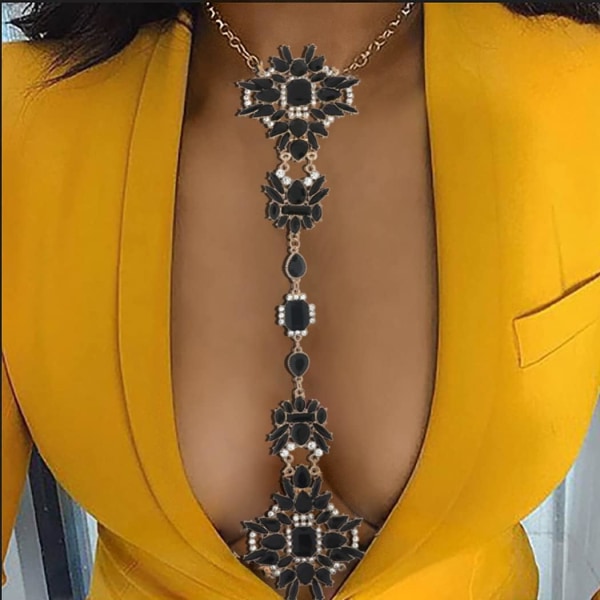 Boho Rhinestone Statement Chest Chain Crystal Halsband Body Black