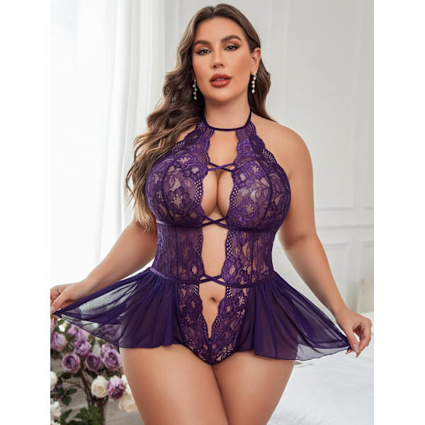 2025 Senaste Modell Dam Plus Size Underkläder Spets Bodysuit Teddy Djup V En Del Spets Babydoll Lila XX-Large