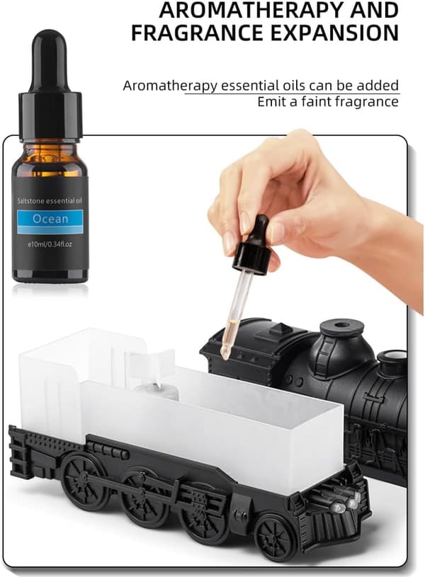 Damptogdiffuser 300 ml aromaterapi eterisk oljediffuser og luftfukter med tofarget LED-lys, 2 tåkemoduser, julelokomotiv tog aroma