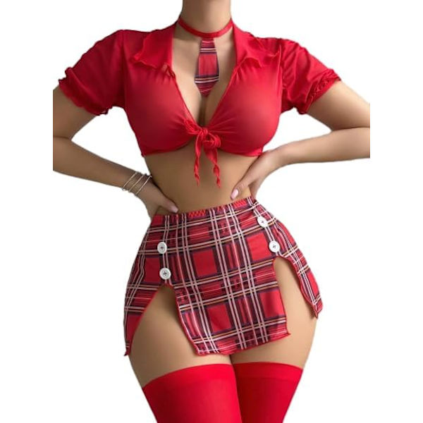 2025 Senaste Modell Sexiga Underkläder Rutig Skolflicka Outfit med Slips & Kjol – Romantiska Alla Hjärtans Dag Underkläder för Kvinnor, Plus Size Tillgänglig