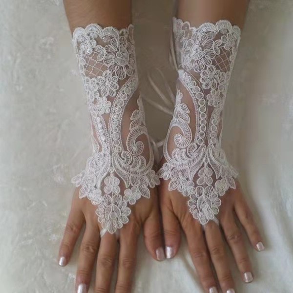 Brud Bröllopsklänning Bröllopsspetshandskar ihåliga white
