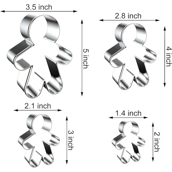 Pepparkaksgubbe-kakformar i olika storlekar för julbak - 5 tum, 4 tum, 3 tum, 2 tum - Rostfritt stål Pepparkaksgubbe