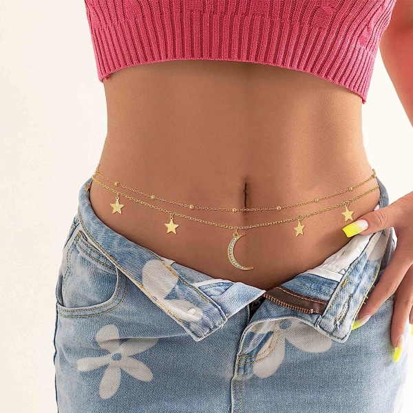 Layered Moon Star Belly Chain Beads Midjekedja Silver/Guld Gold L