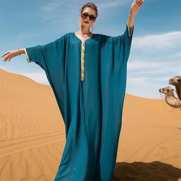 Lös muslimsk klänning i guldväv lake blue 2XL