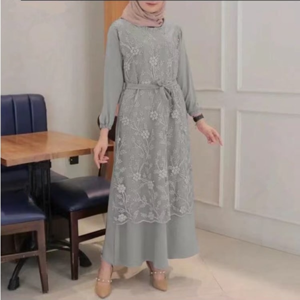 Muslimsk rund krage spets långärmad, lös midja lång klänning för kvinnor grey 3XL