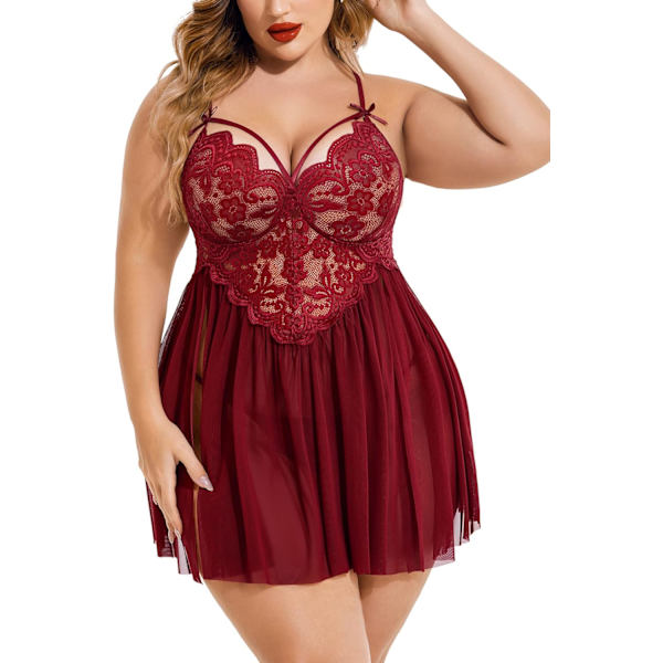 2025 Senaste Modell Stora Storlekar Underkläder Spets Babydoll Dam Rem Chemise Nattlinne V-ringad Nattlinne Mesh Sovkläder Sidoslits Nattklänning A-